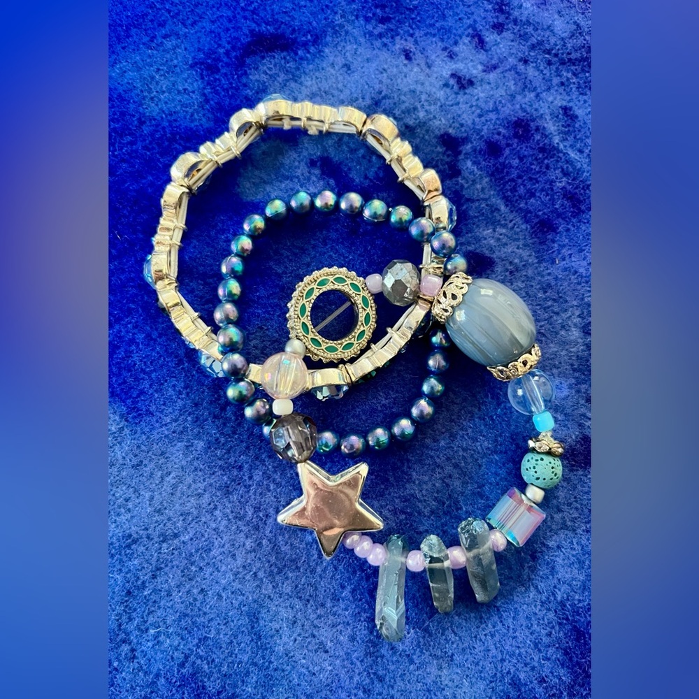 Stack of 3 Silver & Blue Beaded Bracelets Star Crystals
